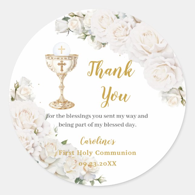 Adesivo Redondo White Floral First Holy Communion Chalice Photo (Frente)