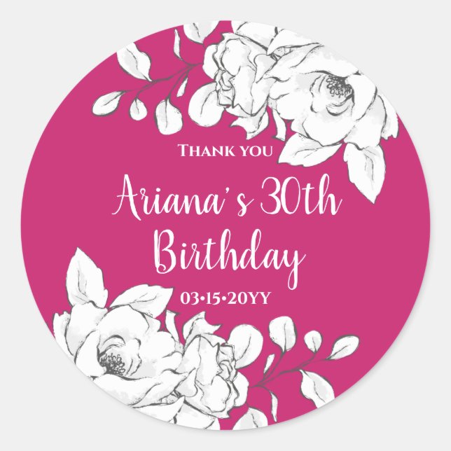 Adesivo Redondo White Floral Magenta Birthday (Frente)