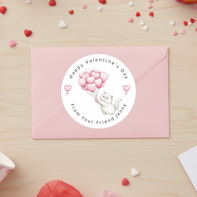 Adesivo Redondo White Kitten Pink Hearts Balloons Valentine's Kids (Criador carregado)