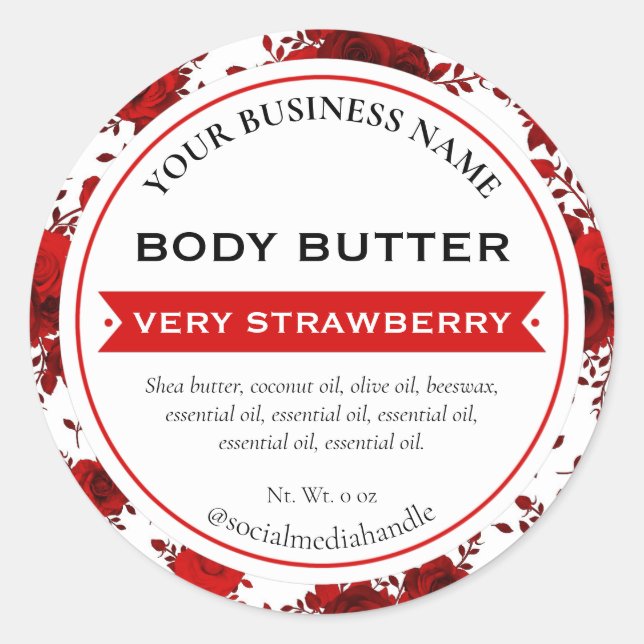 Adesivo Redondo White Red Rose Floral Country Product Labels (Frente)