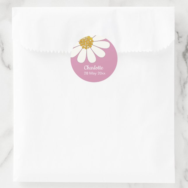 Adesivo Redondo White Retro Modern Daisy Flower Personalizado Aniv (Bolsa)