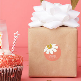 Adesivo Redondo White Retro Modern Daisy Flower Personalizado Aniv