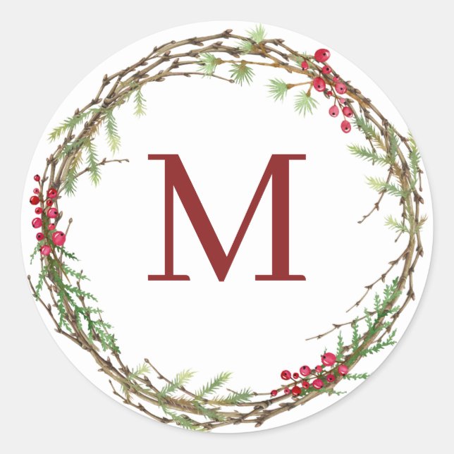 Adesivo Redondo White Rustic Christmas Wreath Monogram (Frente)