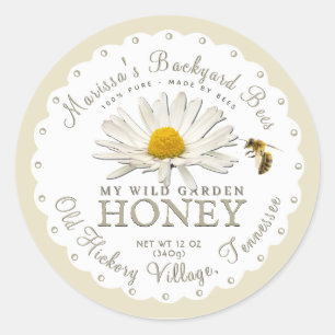 Adesivo Redondo White Scallop Backyard Bee Daisy Honey Label