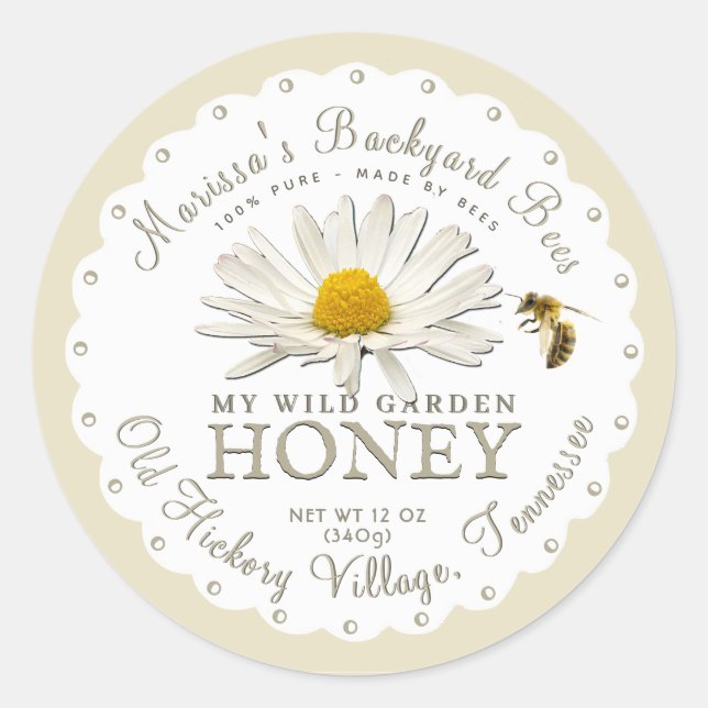 Adesivo Redondo White Scallop Backyard Bee Daisy Honey Label (Frente)