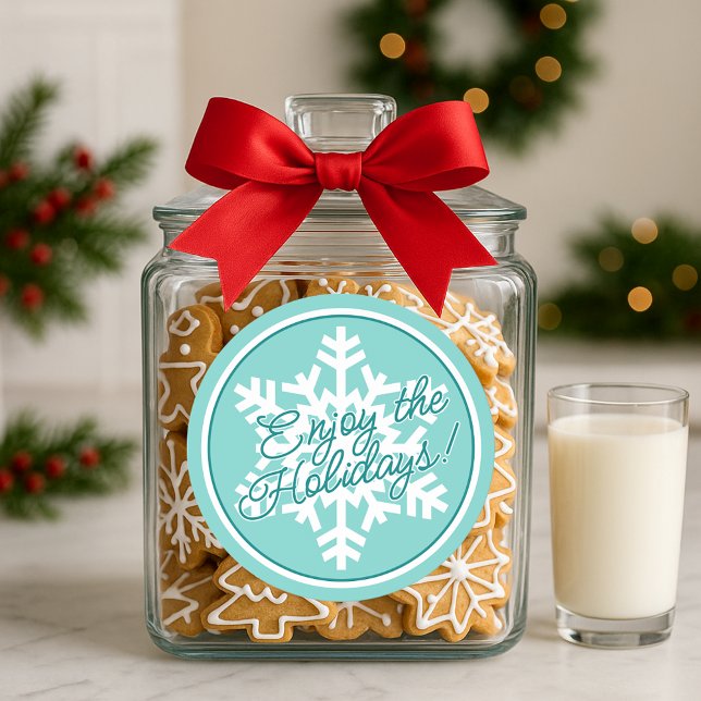 Adesivo Redondo White Snowflake On Teal Aqua Turquoise Blue Green (Criador carregado)