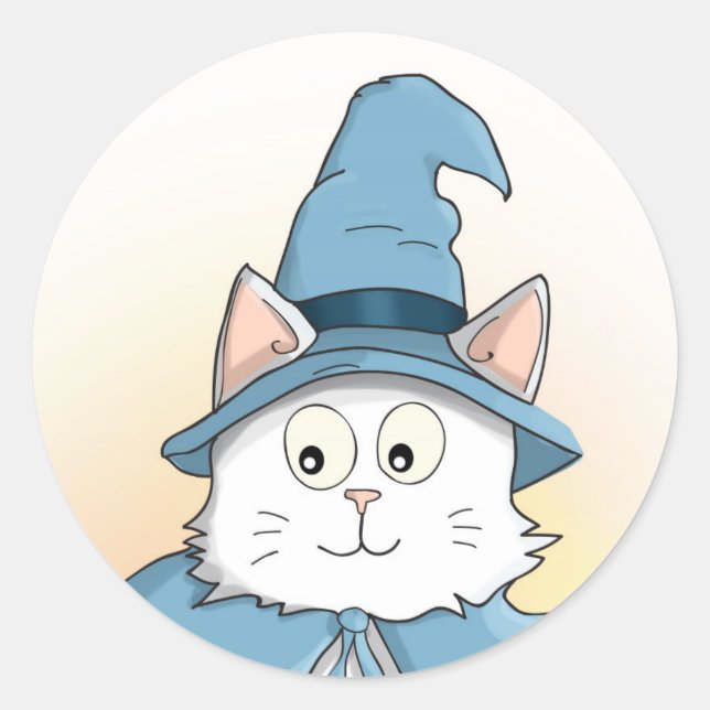 Adesivo Redondo White Wizard Cat Cartoon (Frente)
