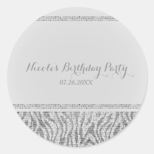 Adesivo Redondo White Zebra Sparkle Sequins Glam Party Favor Chic