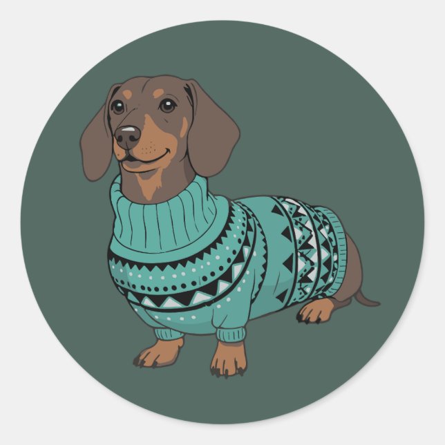 Adesivo Redondo Wiener Dog Christmas Ugly Sweater Dachshund Pet  (Frente)