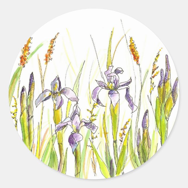 Adesivo Redondo Wild Iris Purple Wildflower Sketch (Frente)