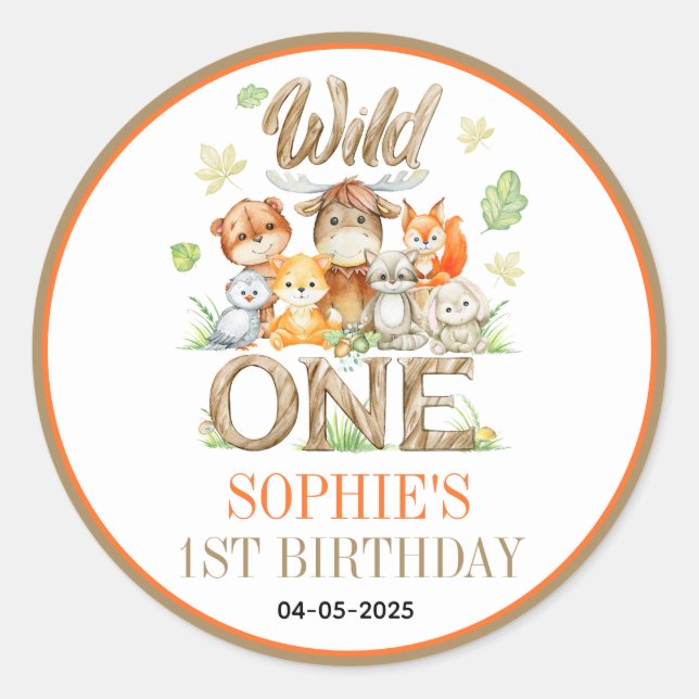 Adesivo Redondo Wild One Animal 1st Birthday Party | Safari Jungle (Frente)