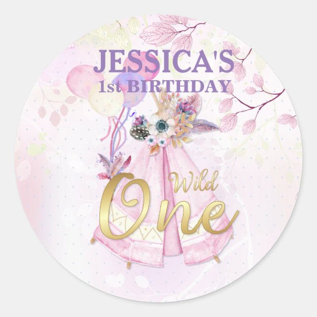 Adesivo Redondo Wild One First Birthday Pink TeePee Boho (Frente)