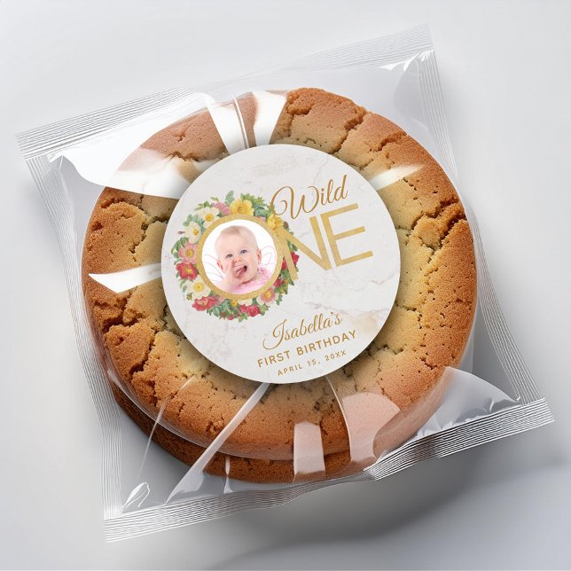 Adesivo Redondo Wild One Floral Rosa Wreath Primeiro Aniversário (Criador carregado)