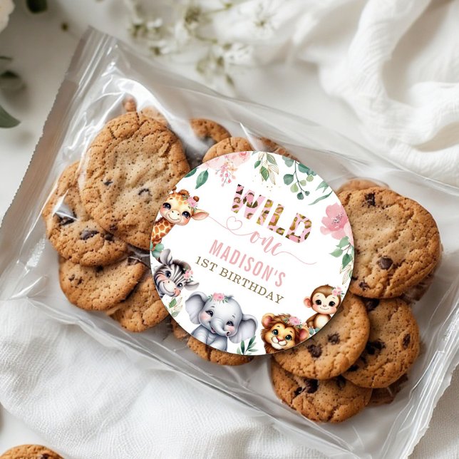 Adesivo Redondo Wild One Safari Animal Blush primeiro aniversario (Criador carregado)