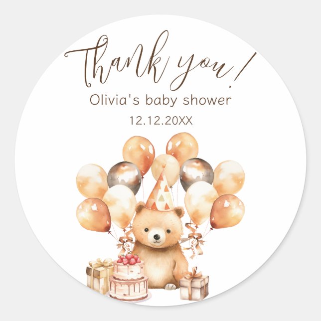 Adesivo Redondo Wild One Safari Bear Chá de fraldas Obrigado (Frente)