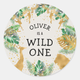 Adesivo Redondo Wild One Safari Party Green Dourado Ecru