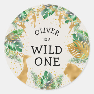 Adesivo Redondo Wild One Safari Party Green Dourado Ecru
