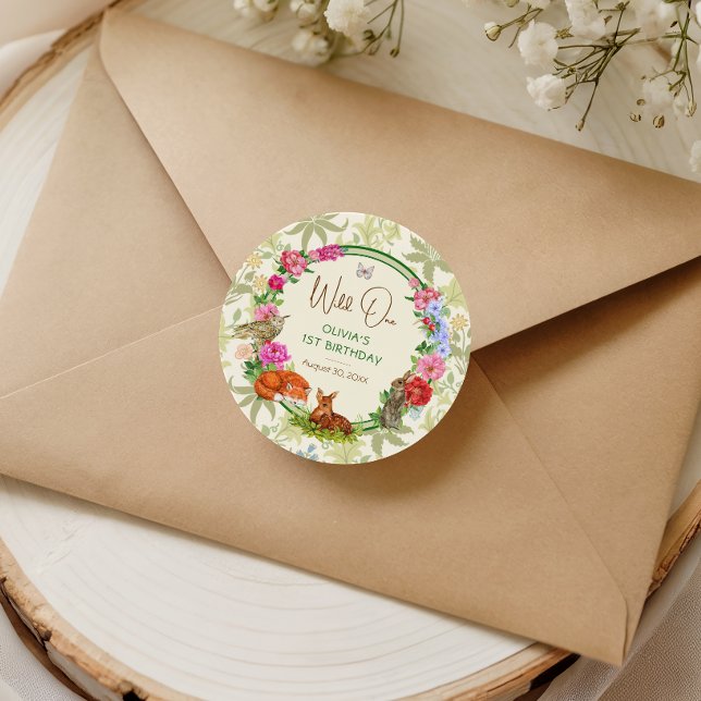 Adesivo Redondo Wild One Whimsical Forest Floral Birthday (Criador carregado)