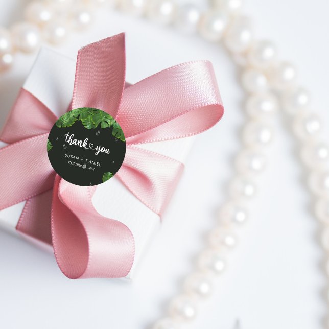 Adesivo Redondo Wild Tropical Lush Palm Deixa Casamento Obrigado (Criador carregado)