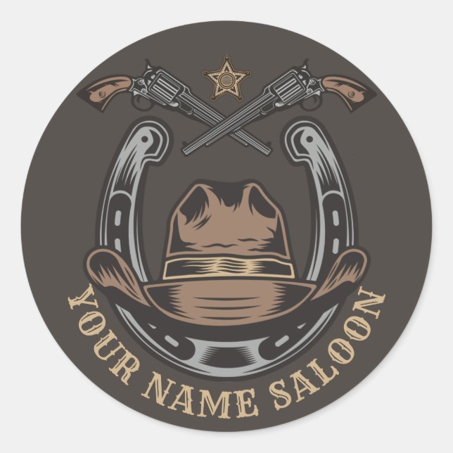 Adesivo Redondo Wild West Revolver Horsferes Western Cowboy Saloon (Frente)