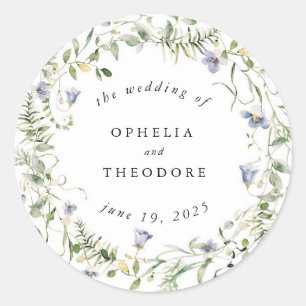 Adesivo Redondo Wildflower Blue Watercolor Casamento Favor Obrigad