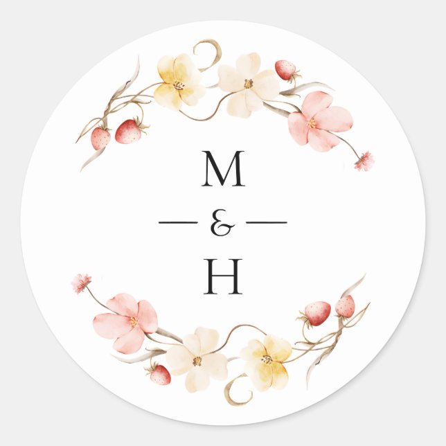 Adesivo Redondo Wildflower Blush Floral Monogram Wedding Favor (Frente)
