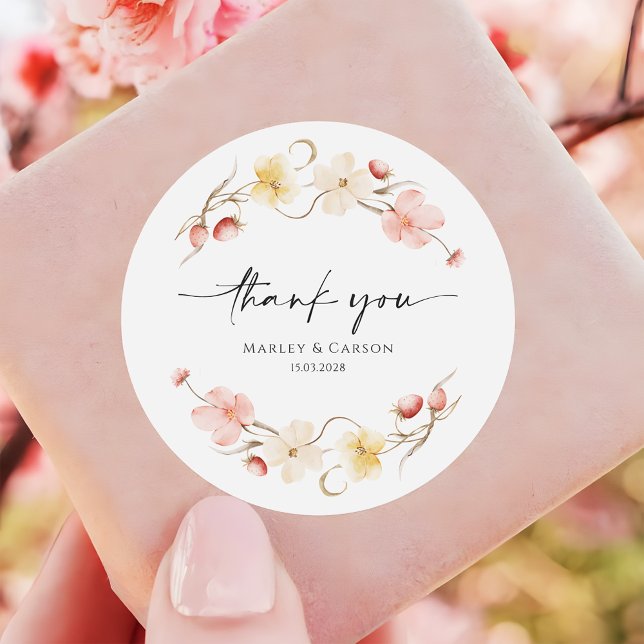 Adesivo Redondo Wildflower Blush Floral Wedding Thank You (Criador carregado)