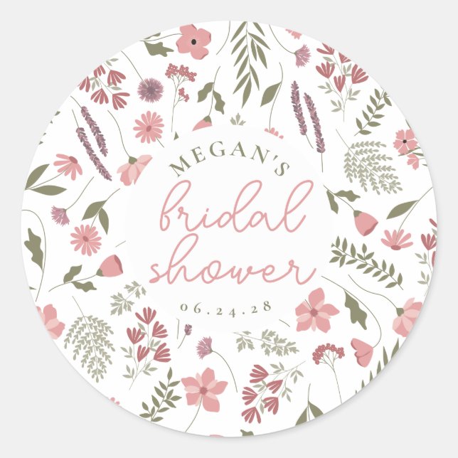 Adesivo Redondo Wildflower Bridal Shower Sticker - Pink (Frente)