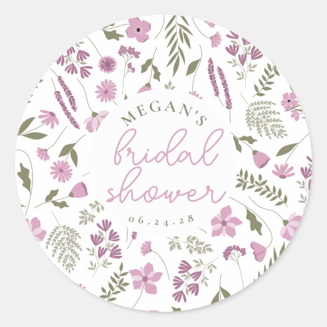 Adesivo Redondo Wildflower Bridal Shower Sticker - Purple (Frente)