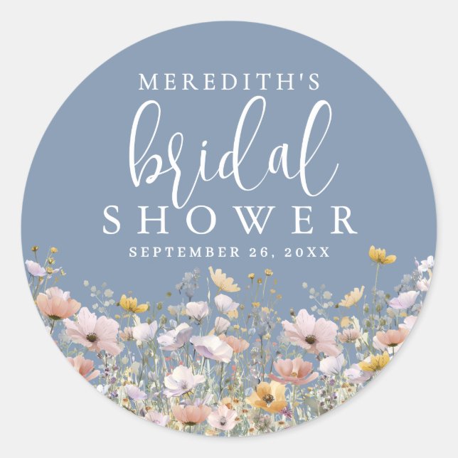 Adesivo Redondo Wildflower Dusty Blue Bridal Shower (Frente)