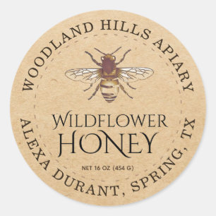 Adesivo Redondo Wildflower e Honeybee Kraft Honey Jar Label