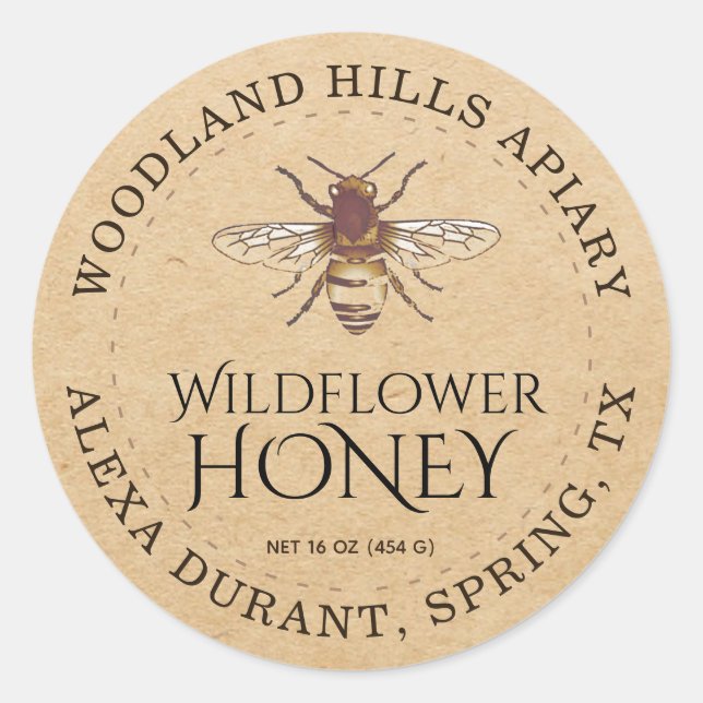 Adesivo Redondo Wildflower e Honeybee Kraft Honey Jar Label (Frente)