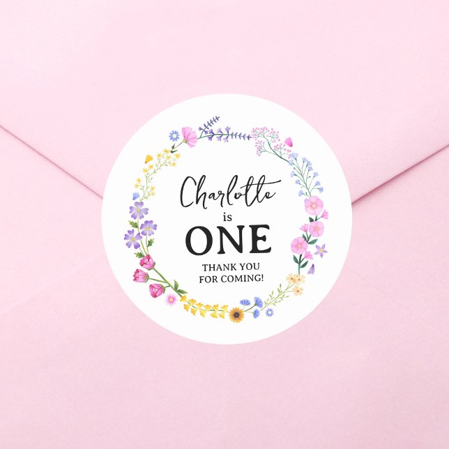 Adesivo Redondo Wildflower é um primeiro aniversário (Wildflower is One First Birthday Classic Round Sticker)