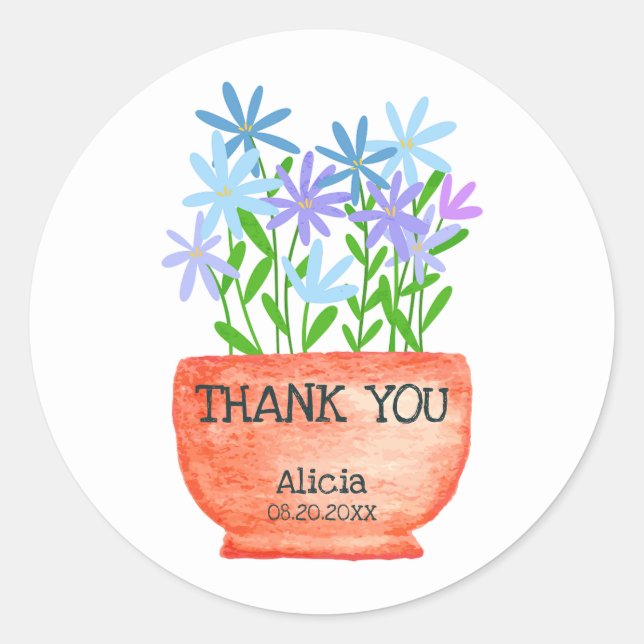 Adesivo Redondo Wildflower No Aniversário Botânico Do Pote Obrigad (Frente)