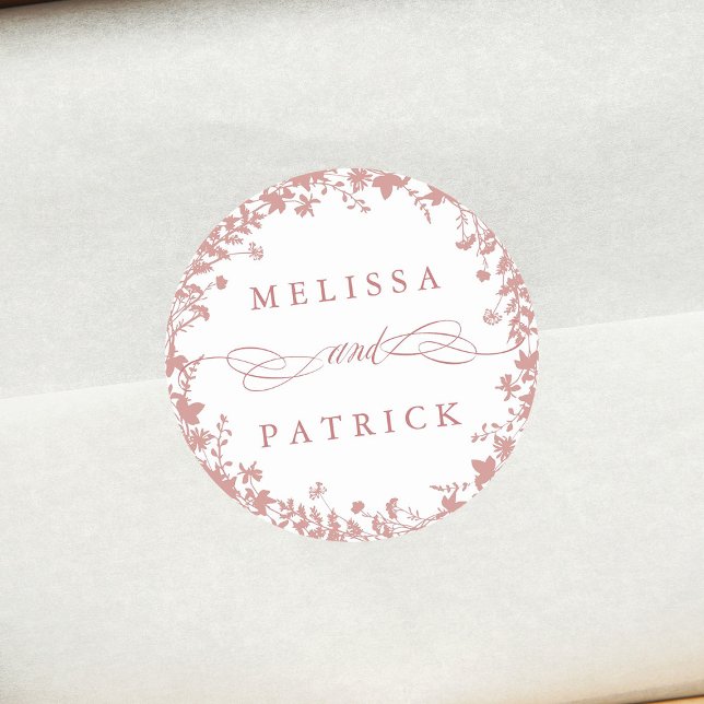 Adesivo Redondo Wildflower Wreath Silhouette Casamento Dusty Rosa (Criador carregado)