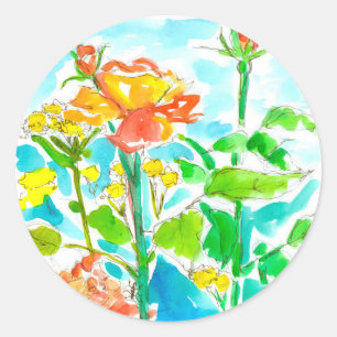 Adesivo Redondo Wildflowers amarelos dos rosas alaranjados