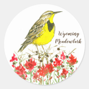 Adesivo Redondo Wildflowers das aves canoras de Wyoming Meadowlark