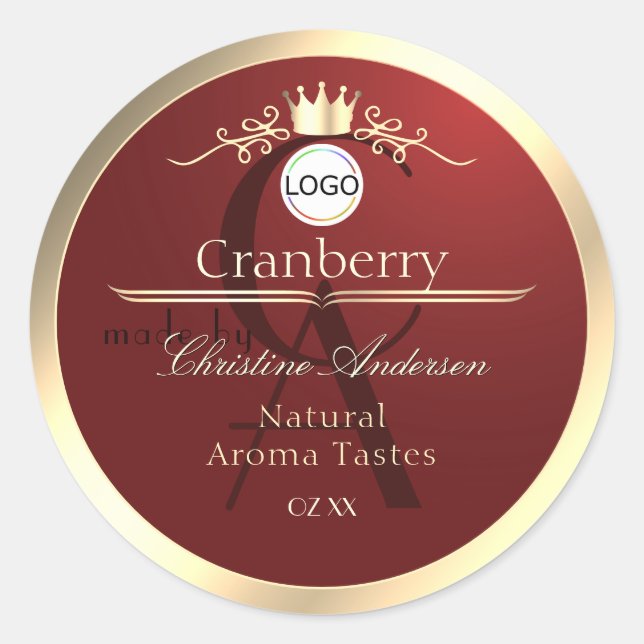 Adesivo Redondo Wine Red Product Labels Gold Frame Logo Monogram (Frente)