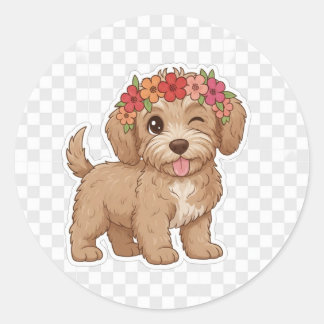 Adesivo Redondo Winking Puppy Flower Crown Sticker - Cutest Doodle