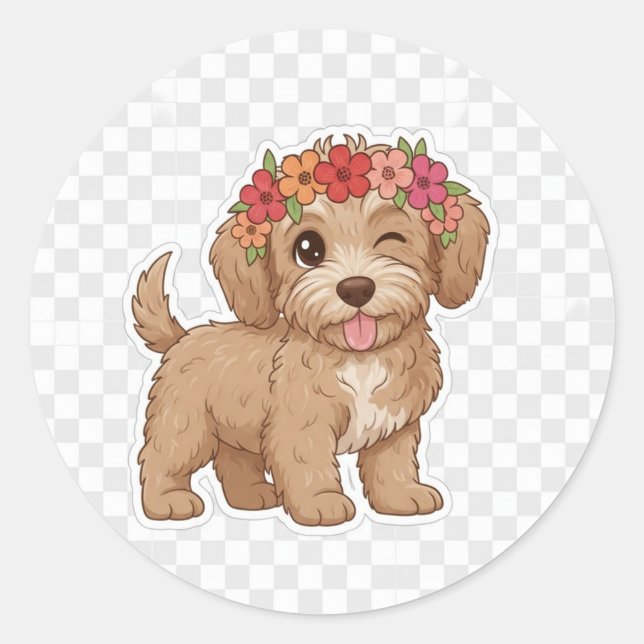 Adesivo Redondo Winking Puppy Flower Crown Sticker - Cutest Doodle (Frente)