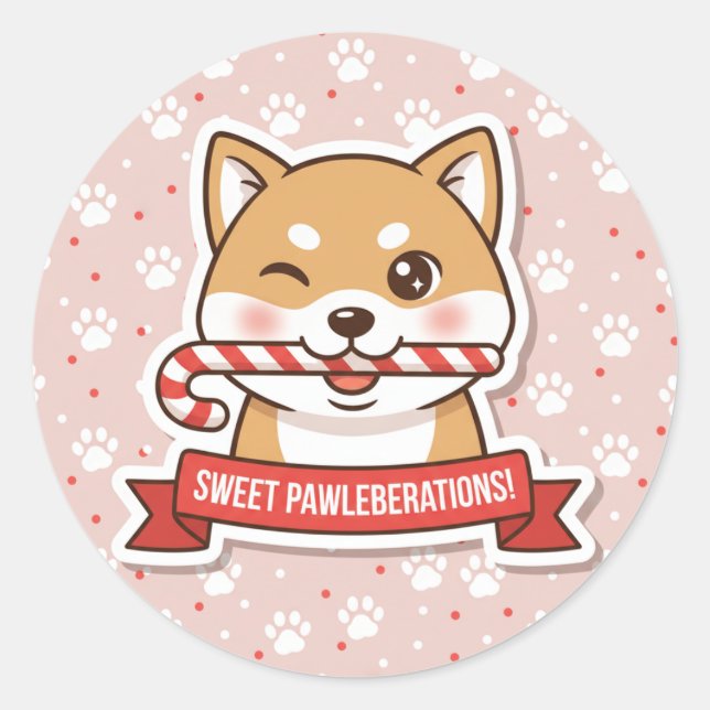 Adesivo Redondo Winking Shiba Inu Candy Cane Sticker (Frente)