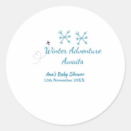 Adesivo Redondo Winter Adventure awaits baby shower blue snowflake