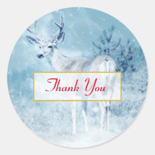Adesivo Redondo Winter Deer and Pine Trees Obrigado