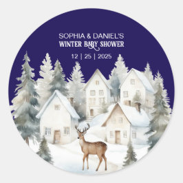 Adesivo Redondo Winter Deer in Village Watercolor Baby Shower