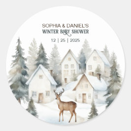 Adesivo Redondo Winter Deer in Village Watercolor Baby Shower