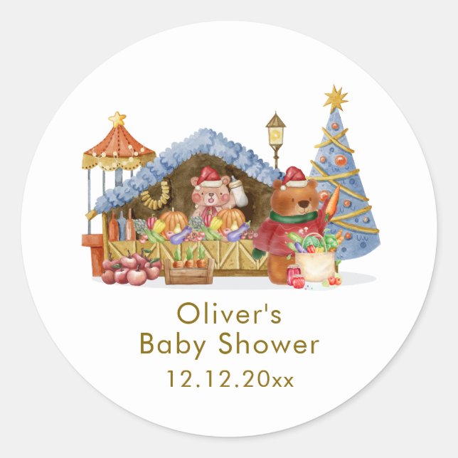 Adesivo Redondo Winter Farmer Market Teddy Bear Baby Shower  (Frente)
