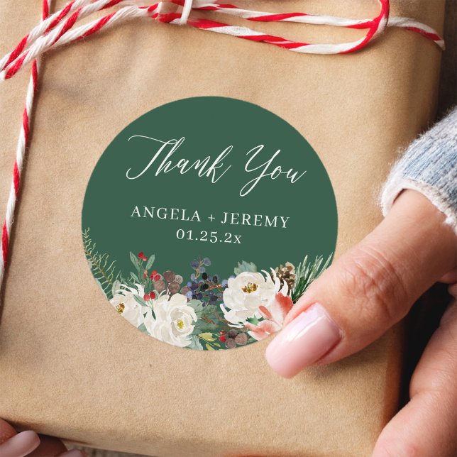 Adesivo Redondo Winter Floral Holly Berries Holiday Obrigado (Criador carregado)