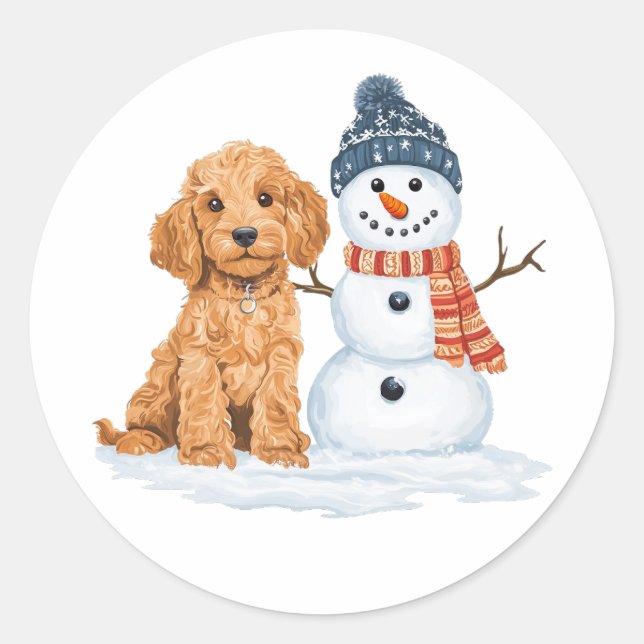 Adesivo Redondo Winter Goldendoodle Dog Cute Snowman (Frente)