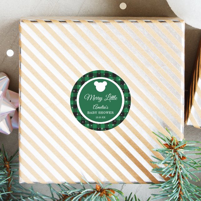 Adesivo Redondo Winter Green Plaid Merry Little Baby Shower (Criador carregado)