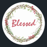 Adesivo Redondo Winter Greenery Berries Wreath Christmas abençoado<br><div class="desc">Vedante de envelope festivo elegante e moderno ou adesivo de presente para o Natal com o texto "Abençoado" na caligrafia vermelha e um toque de na moda do verde de inverno e da coroa de frutas. Desenvolvido exclusivamente para você pelo Happy Dolphin Studio. Se precisar de ajuda ou produtos correspondentes,...</div>